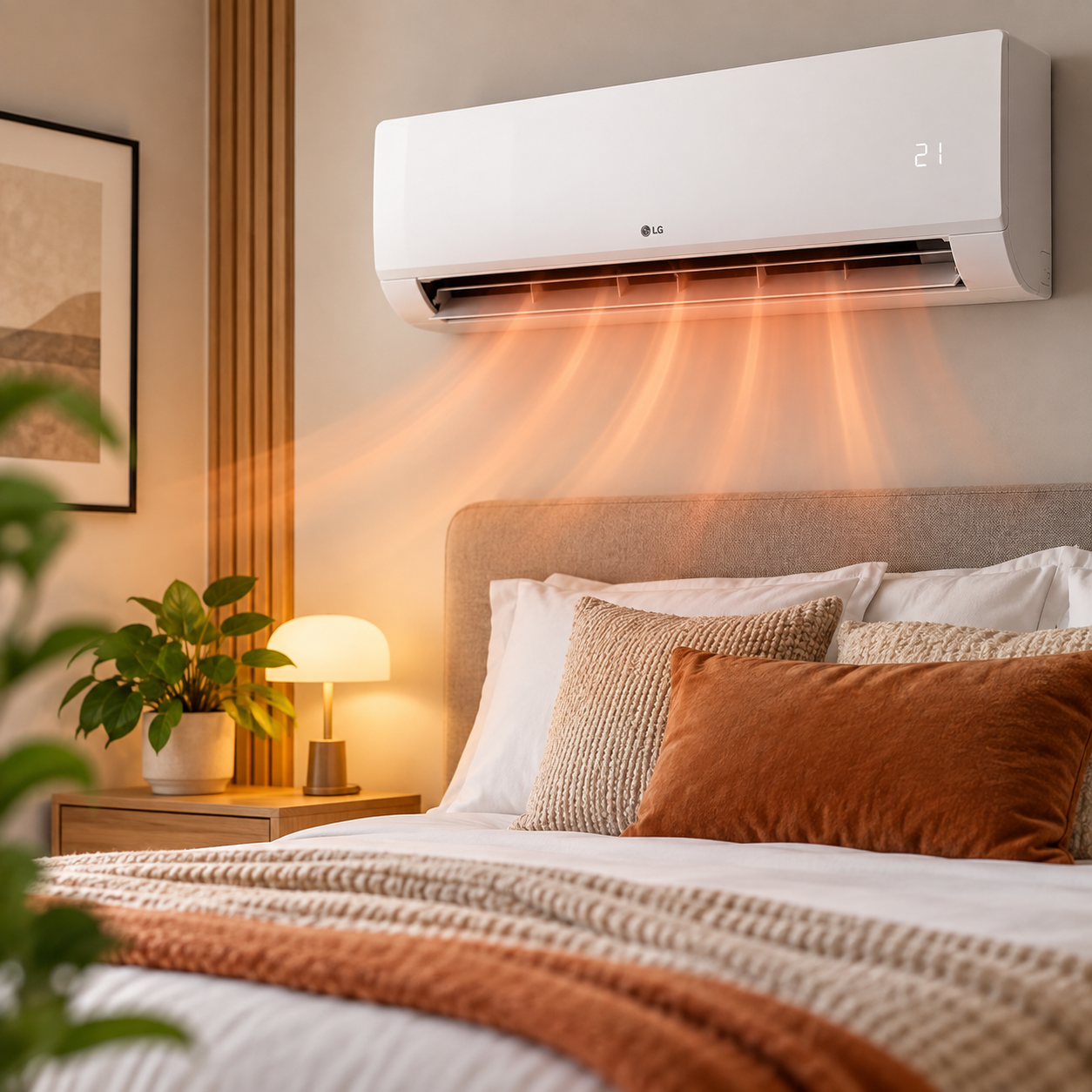 Wall-mounted air conditioning in a comfortable bedroom